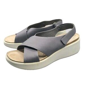 Ecco Flowt Sandals Gray Leather Slingback  Platform Cork Wedge Casual 10-10.5/41